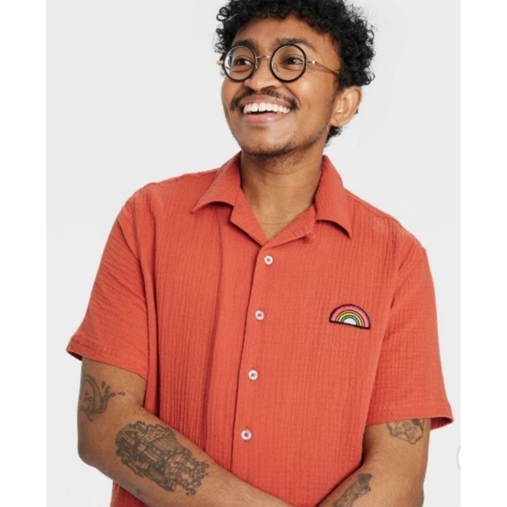 NEW Pride Adult Short Sleeve Woven Rainbow Patch Button Down Shirt